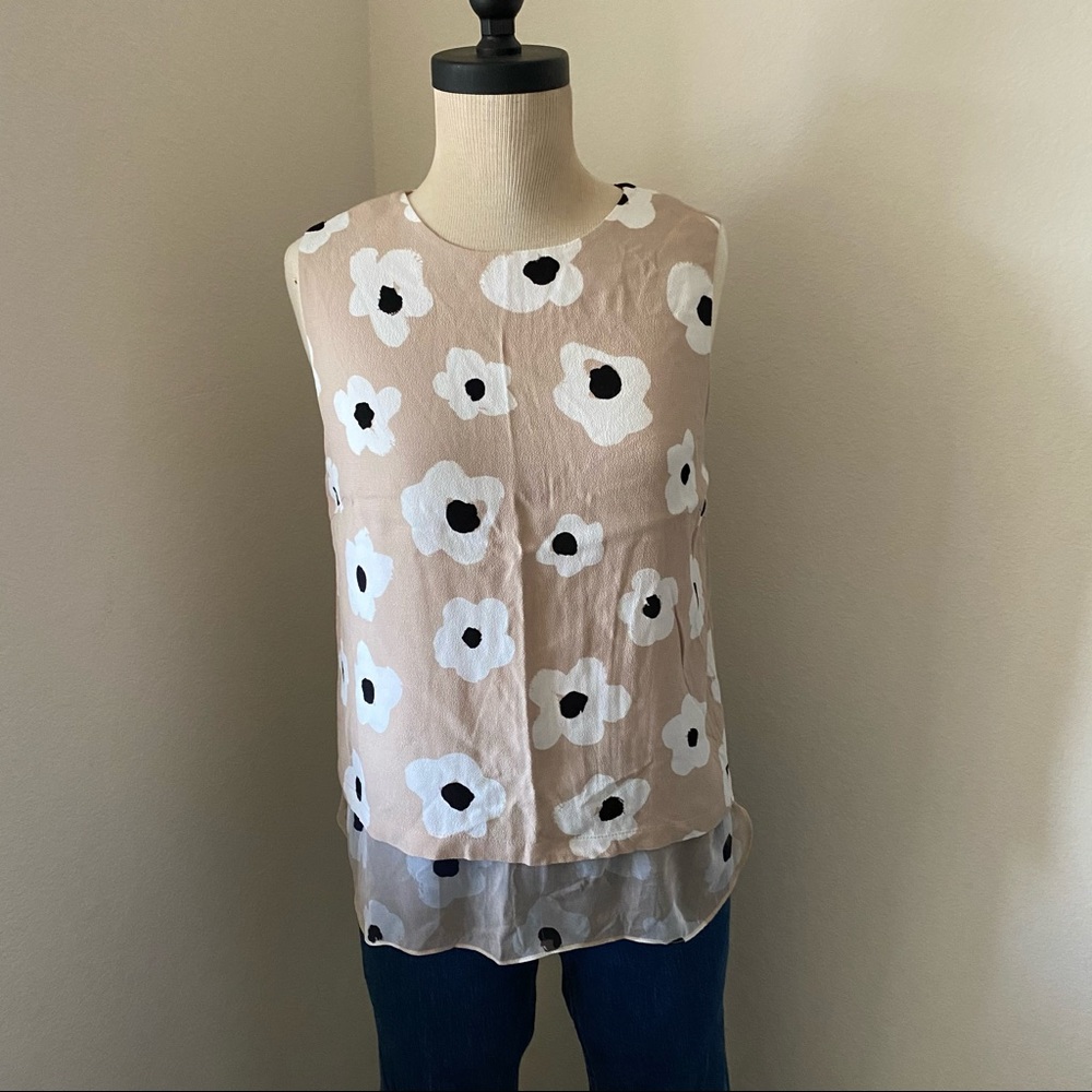 kate spade Beige Floral Sleeveless Layered Shell Top with White and Black Blooms